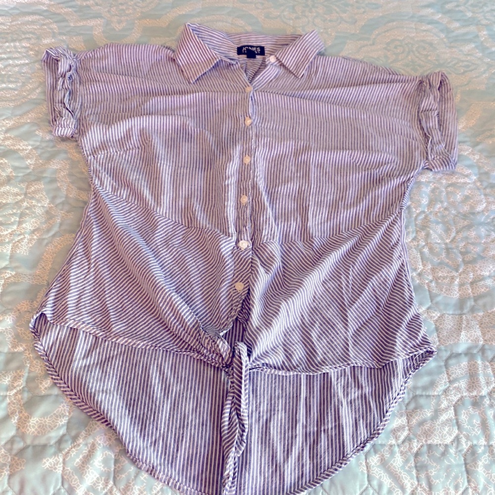 Blue / white striped button down with tie in front by Jones New York